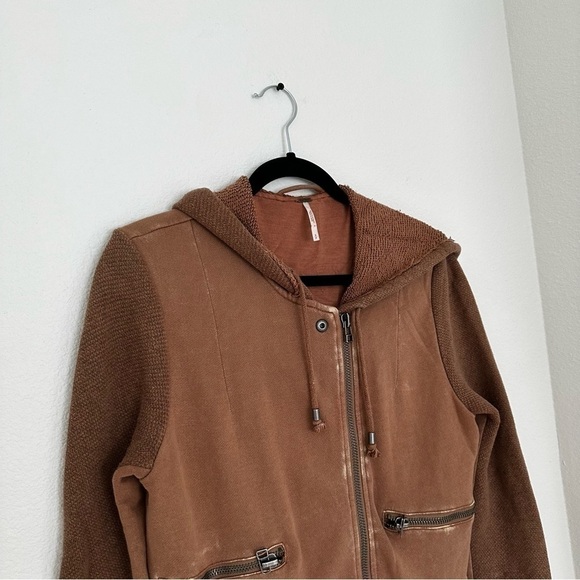 Free People Distressed Knit Full Zip Hoodie Moto Style Brown Size Small Women’s - Picture 2 of 11